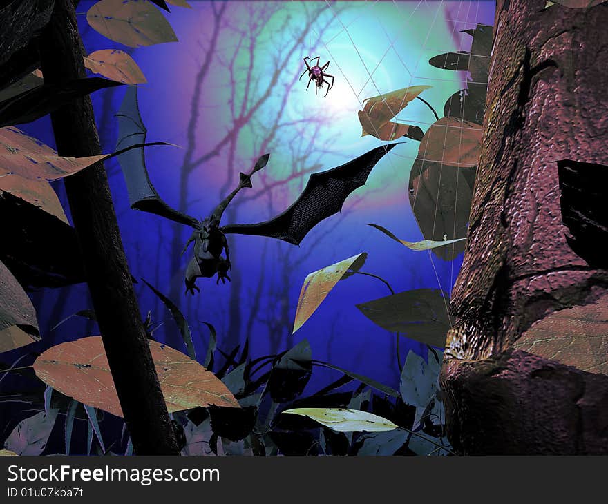 A dragon flying through trees, a spider in foreground, in a dark atmosphere. A dragon flying through trees, a spider in foreground, in a dark atmosphere