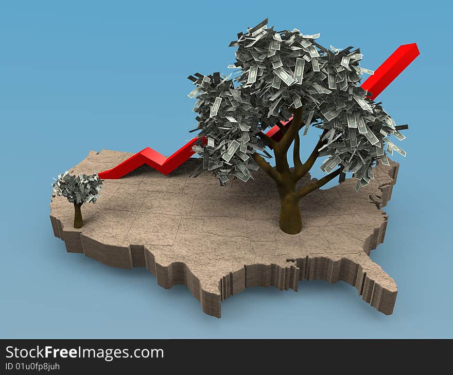 Cartoon illustrating a growing money tree on a map of the USA. Cartoon illustrating a growing money tree on a map of the USA