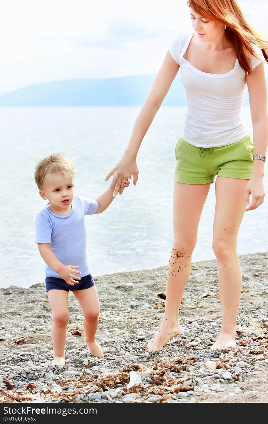 Mother and son on beach