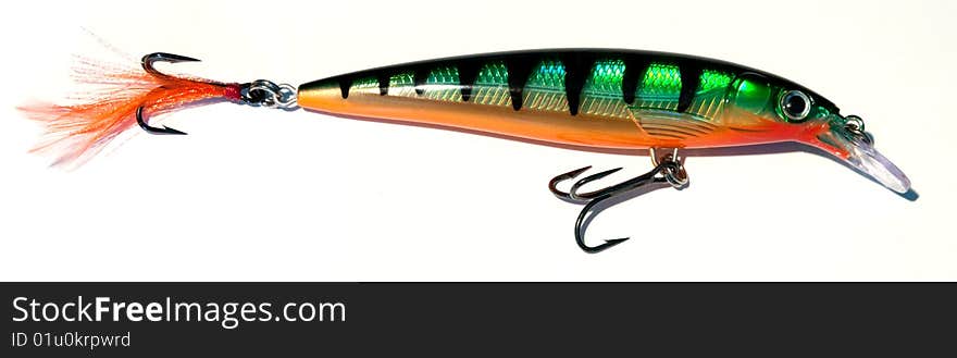 Here a closeup of a fishing lure. Here a closeup of a fishing lure