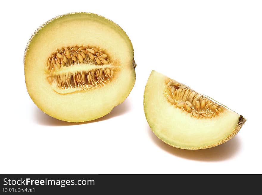 View of a melon sliced open showing the seeds