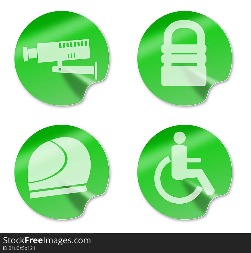 Illustration of circular,sticky type icons of a cctv camera, padlock,helmet,and wheelchair access isolated on white background. Illustration of circular,sticky type icons of a cctv camera, padlock,helmet,and wheelchair access isolated on white background