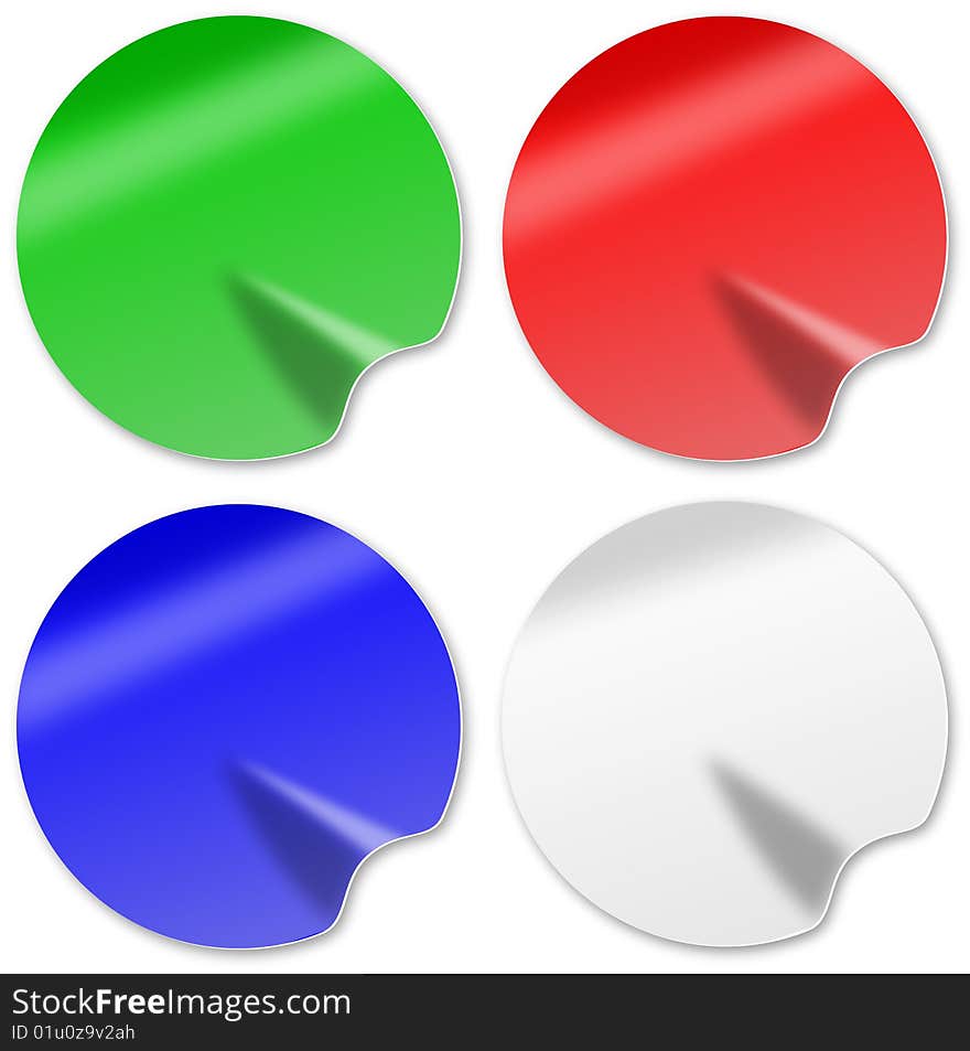 Illustration of Red ,green, blue, and white circular sticky labels isolated on white background. Illustration of Red ,green, blue, and white circular sticky labels isolated on white background