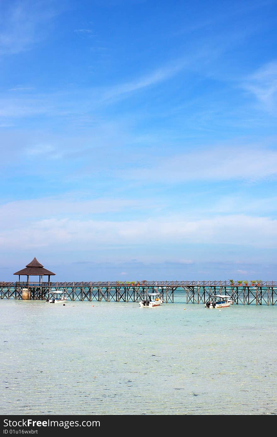 Panoramic view of Sipdan water village resort at Mabul Island.