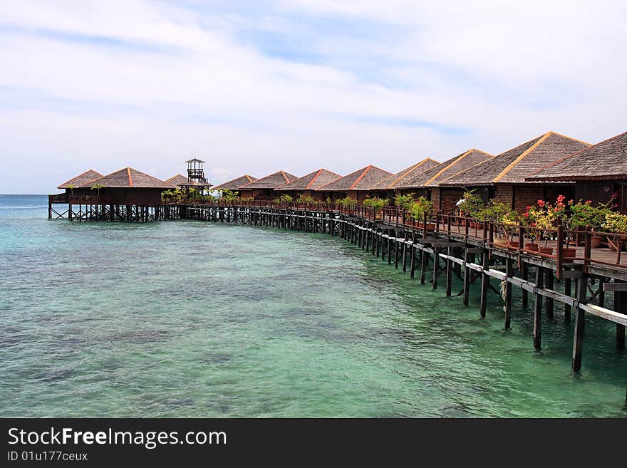 View of Sipdan water village resort at Mabul Island.