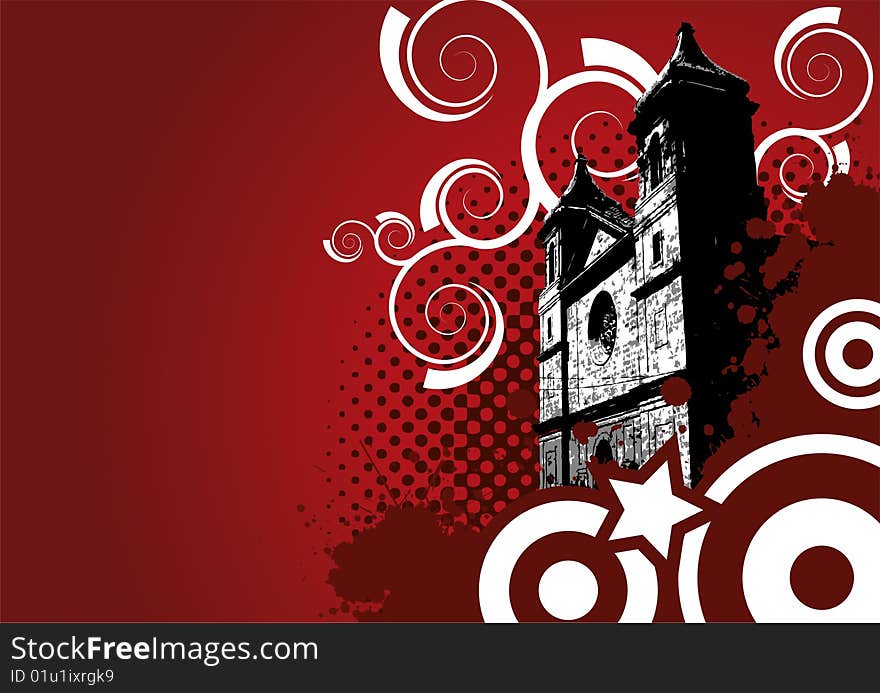 Old church with red background. Old church with red background