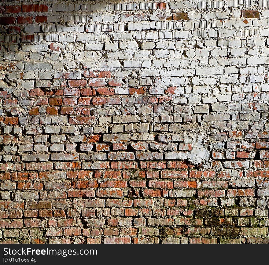 Background bricked, red, white, with green moss beneath. Background bricked, red, white, with green moss beneath