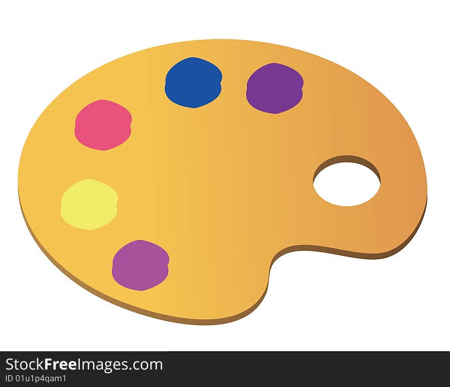 Wooden art palette with blobs of paint  on white background with clipping path