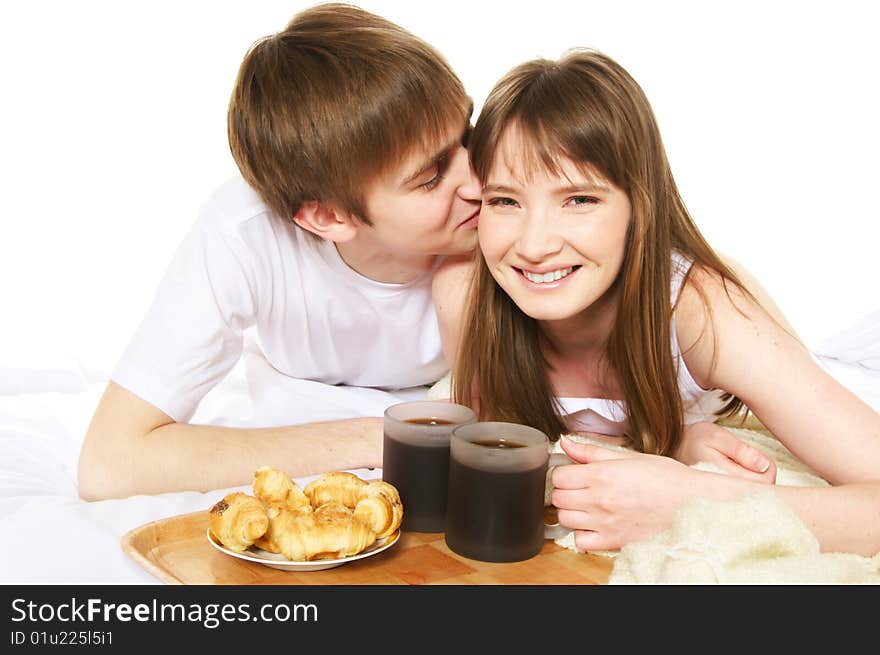 Romantic breakfast in a bed