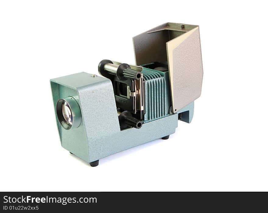 Vintage side projector with film holder attached isolated on white background. Vintage side projector with film holder attached isolated on white background