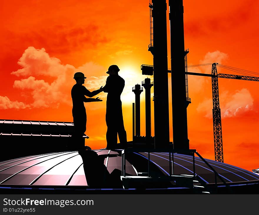 Group of the workers on a background of the sky