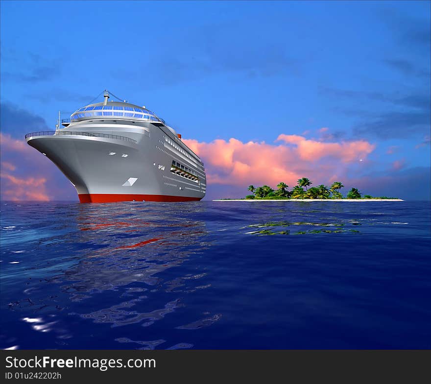 A modern liner  is in an ocean