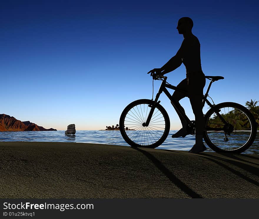 Silhouette of man on a bicycle on a background landscape