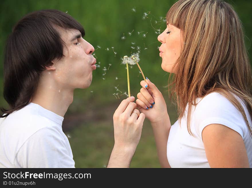 Pair Blows On Dandelions In Hands