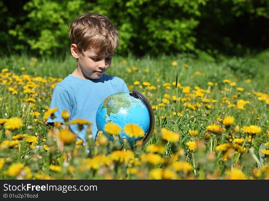 Boy With Globe On Meadow