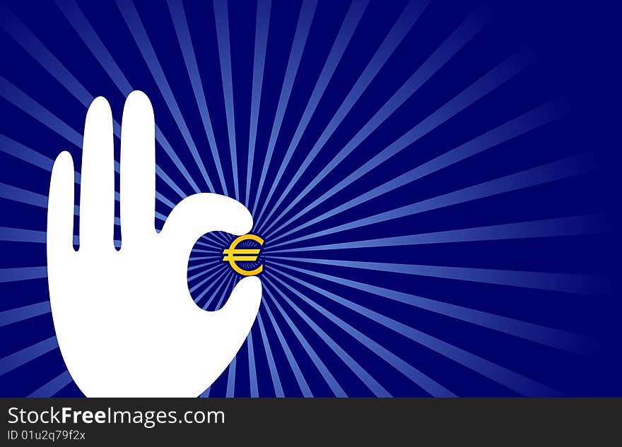 Blue background with hand and gold euro. Blue background with hand and gold euro