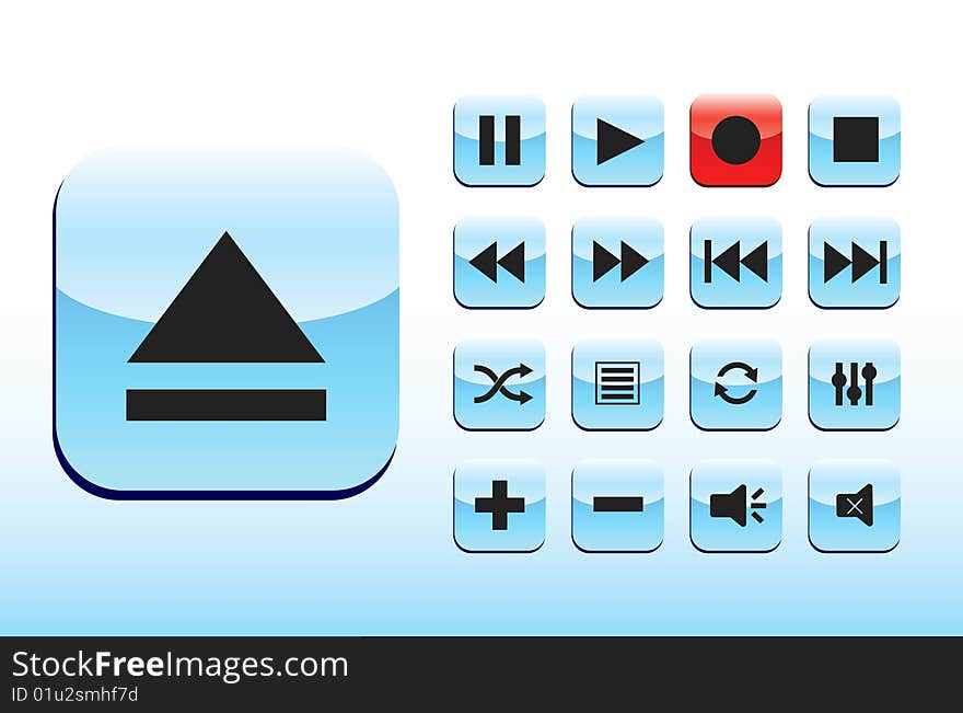 Blue square player buttons set. Blue square player buttons set