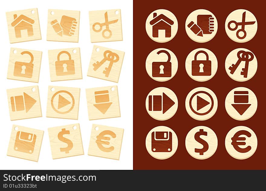 Icons on wooden background, vector illustration, AI file included