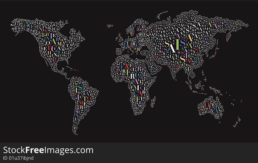 A world map made by letters. A world map made by letters.