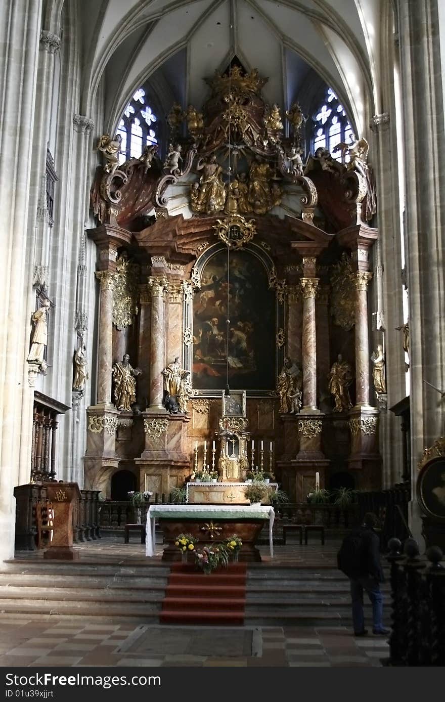 Statues and paintings in a cathedral in Austria. Statues and paintings in a cathedral in Austria