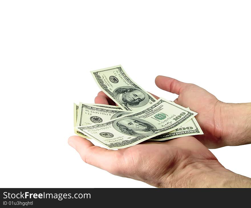 Hands holding dollars on the isolated white background. Hands holding dollars on the isolated white background