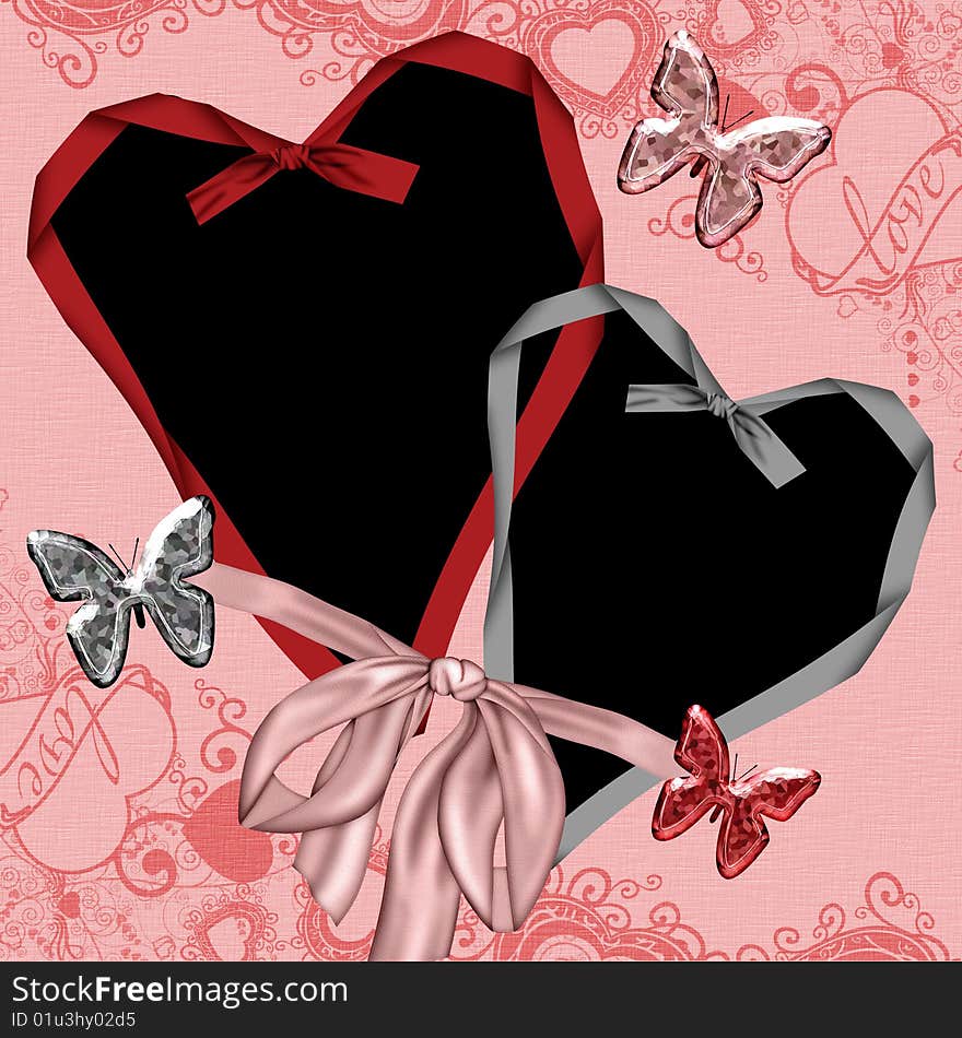 Framework with butterflies and hearts on a pink background with signatures for photos