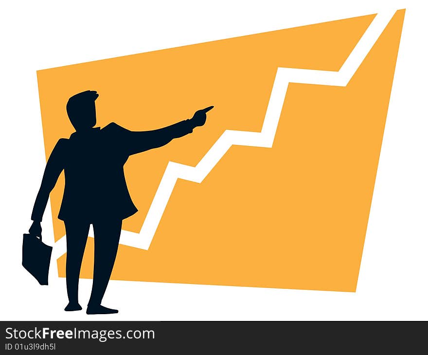 Successful businessman pointing a growing graph on a orange background