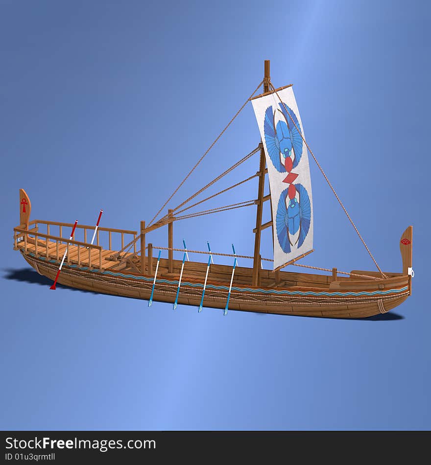 Egyptian Boat. 3D render with clipping path and shadow over white