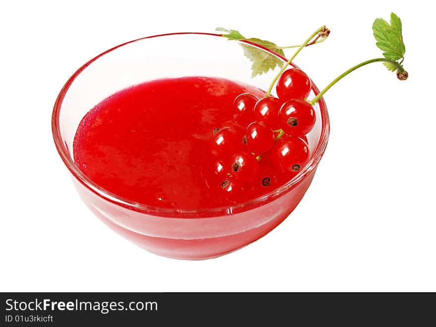 Red currant jam in transparent bowl isolated over white