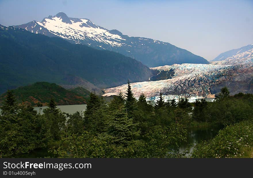 View of the Mendenhall glacier and Mendenhall lake from the visitor's center. View of the Mendenhall glacier and Mendenhall lake from the visitor's center