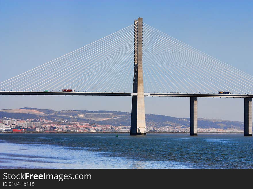 Vasco da Gama bridge in Lisbon over Tagus river.