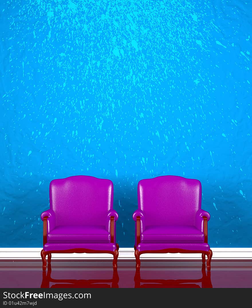 Two chairs  near  blue wall