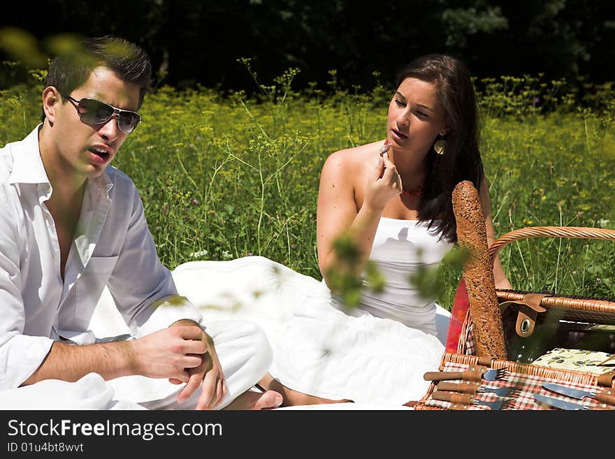 Young attractive couple having a picknick in the sun