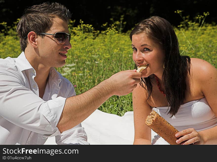 Young attractive couple having a picknick in the sun