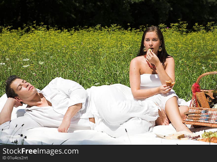 Young attractive couple having a picknick in the sun