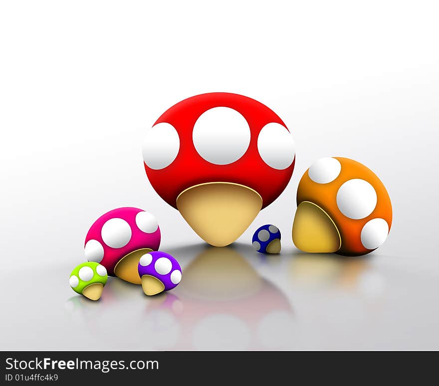 Beautiful 3d Colorful mushrooms whit reflection. Beautiful 3d Colorful mushrooms whit reflection