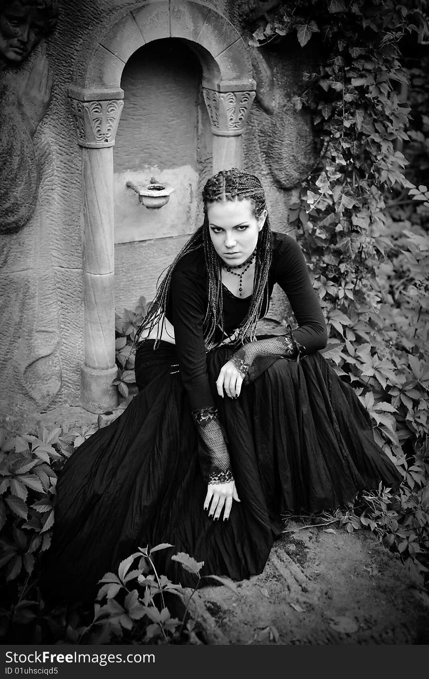 Gothic girl at cemetery, black and white variant