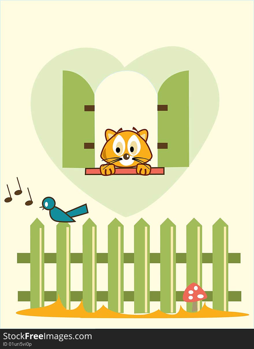 Cute cartoon cat hunting a bird. Cute cartoon cat hunting a bird