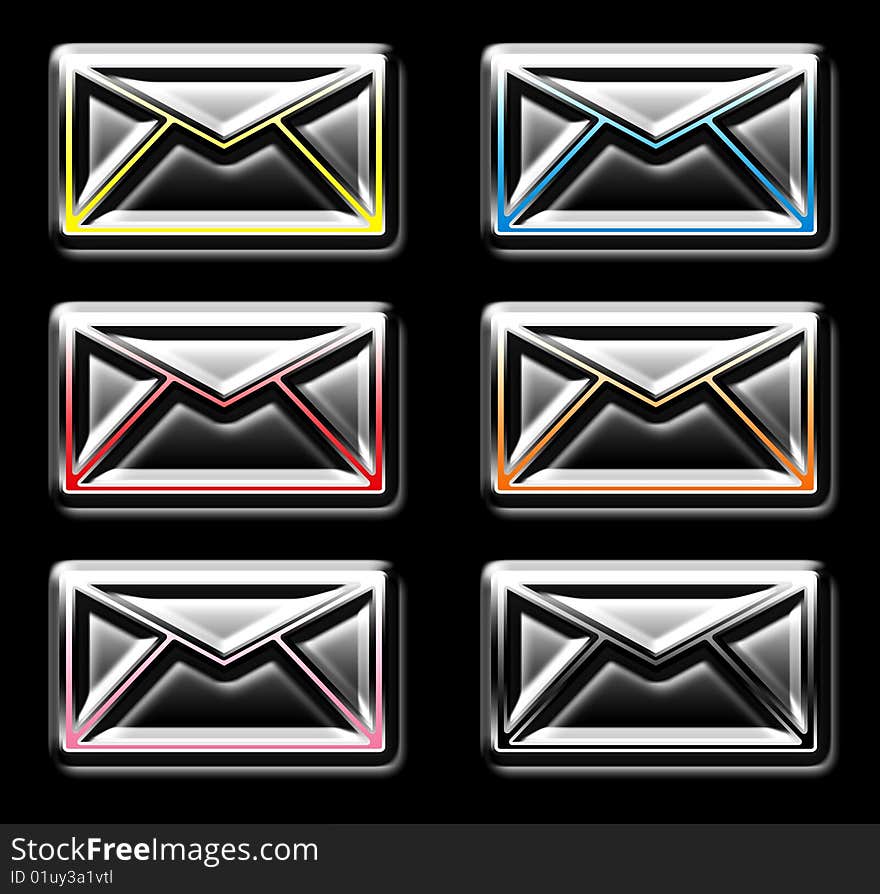 Illustration of six colorful mail icons isolated on black background. Illustration of six colorful mail icons isolated on black background.