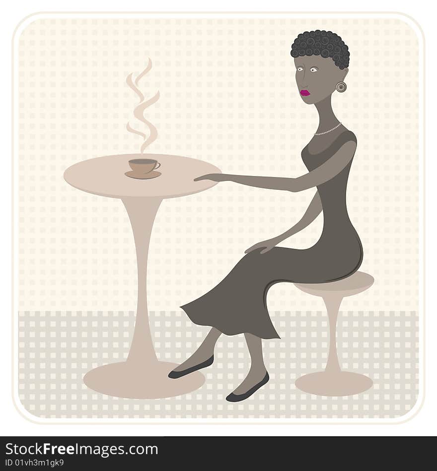 African girl in cafe. On a table a cup of hot coffee. A colour illustration