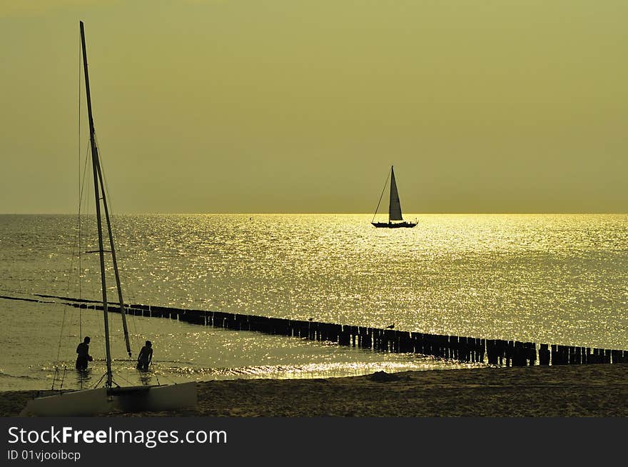 During sunset at a beach.Dutch coast.