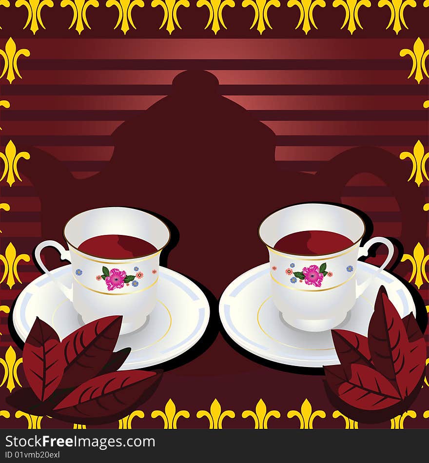 illustration of two cups of tea with leafs and with a pot in background of the image. illustration of two cups of tea with leafs and with a pot in background of the image