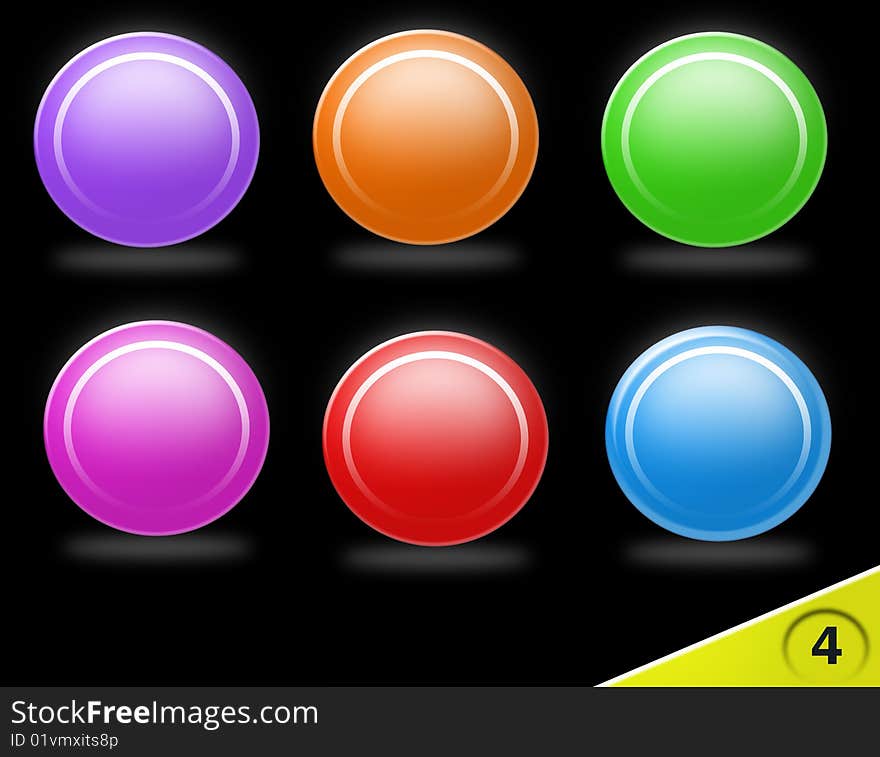 Set of six blank round icons in different colors isolated on a black background; #4 of a collection. Set of six blank round icons in different colors isolated on a black background; #4 of a collection.