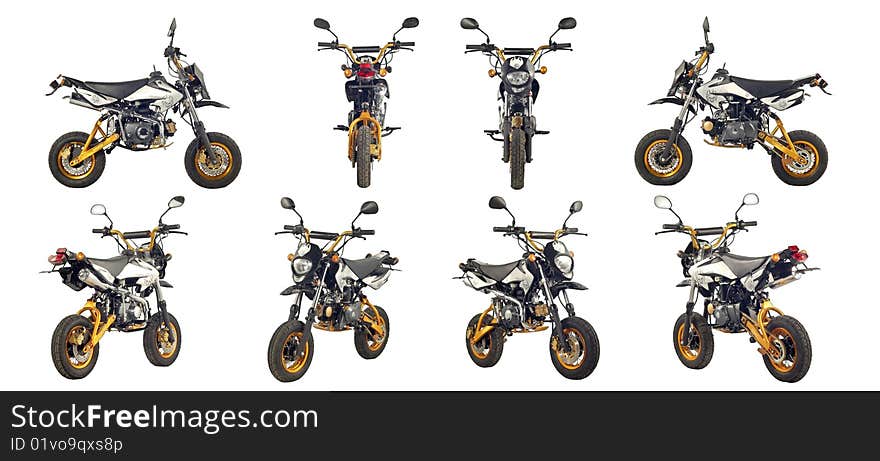 Collection of photos of scooters and motorcycles on a white background. Some images from different foreshortenings in one file.