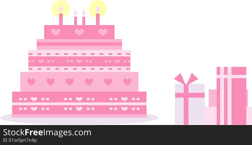 Colorful illustration of a huge pink cake decorated with hearts; suitable for design purposes related to holidays, birthday, wedding, . Colorful illustration of a huge pink cake decorated with hearts; suitable for design purposes related to holidays, birthday, wedding, ...