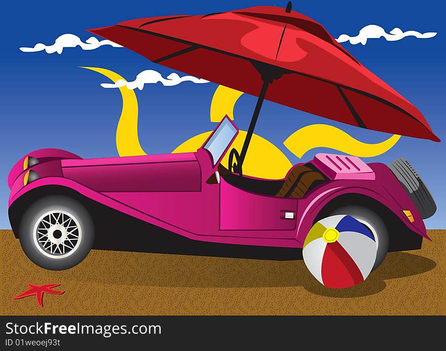 Vector illustration of a retro car on a beach. Vector illustration of a retro car on a beach.
