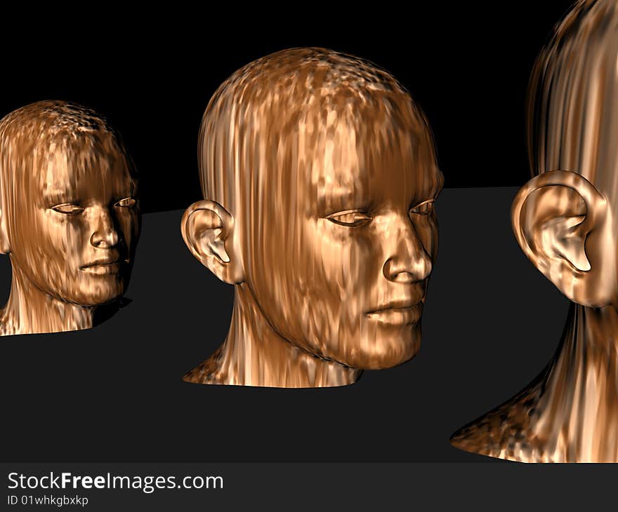 3d generated golden colored human heads aligned viewed from the side. 3d generated golden colored human heads aligned viewed from the side