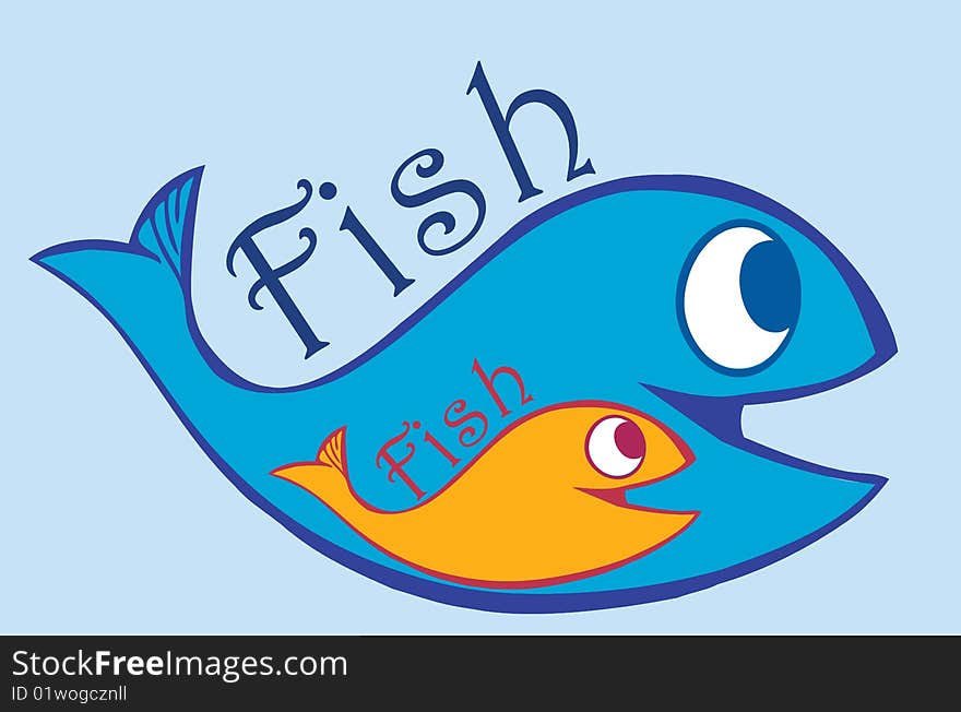 Funny blue and orange fish with white background