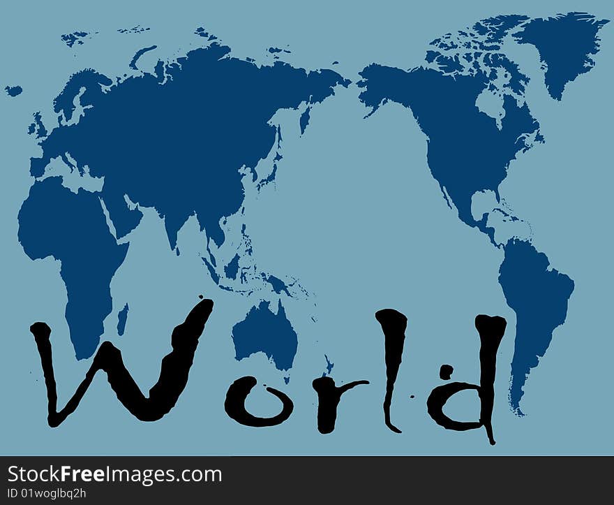 Blue world map, complete world map on blue background color