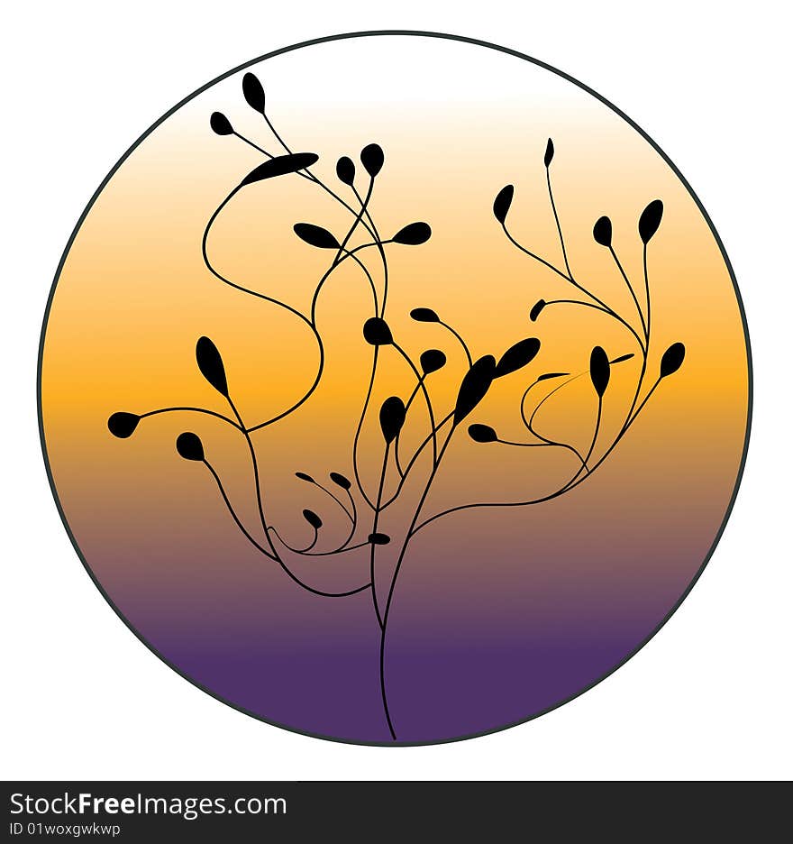 Black floral tree with orange and violet  background